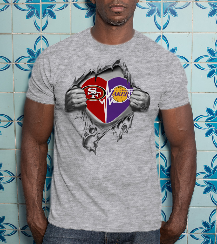 Lakers San Francisco 49ers Heart Logos Burst T-Shirt