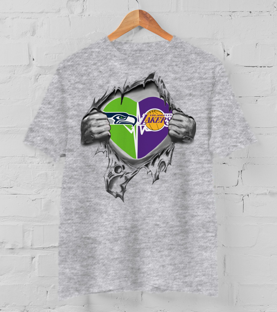 Lakers Seattle Seahawks Heart Design With Logos T-Shirt