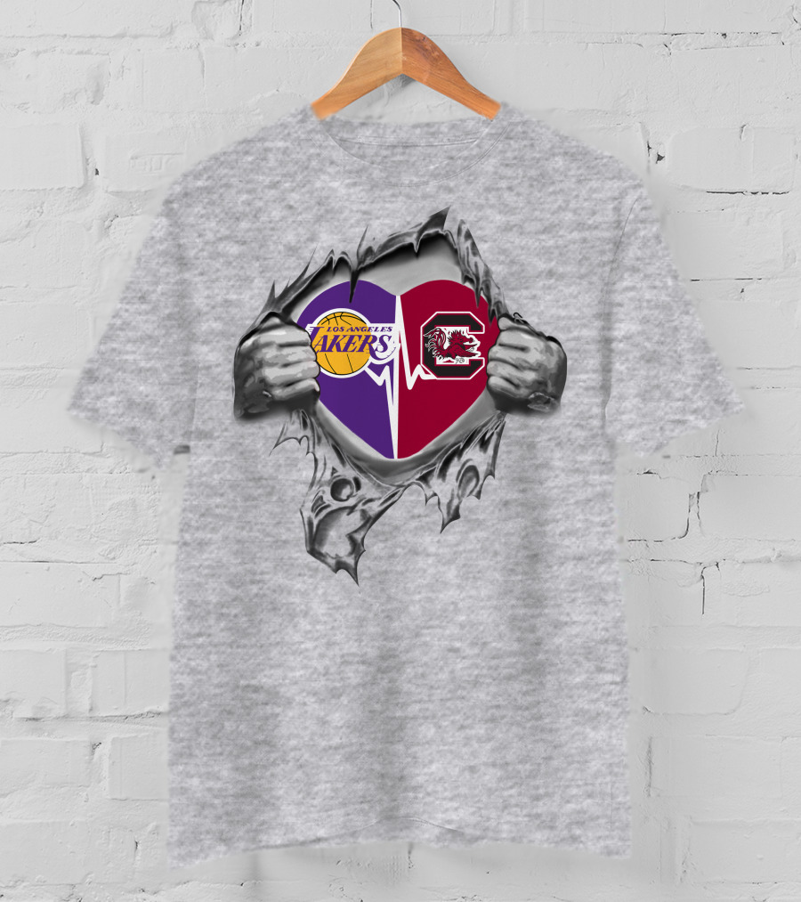 Los Angeles Lakers South Carolina Gamecocks Heartbeat T-Shirt