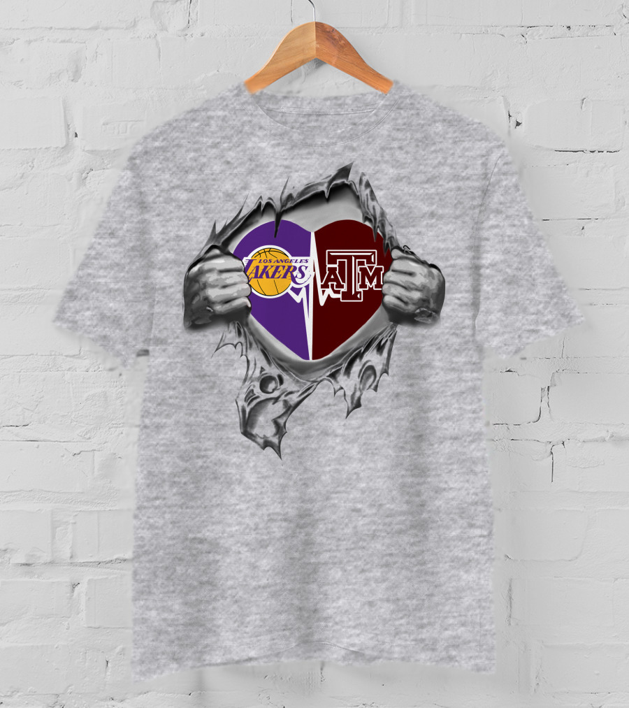 Los Angeles Lakers And Texas A&M Aggies Heart Inside Ripped Silver Hands T-Shirt