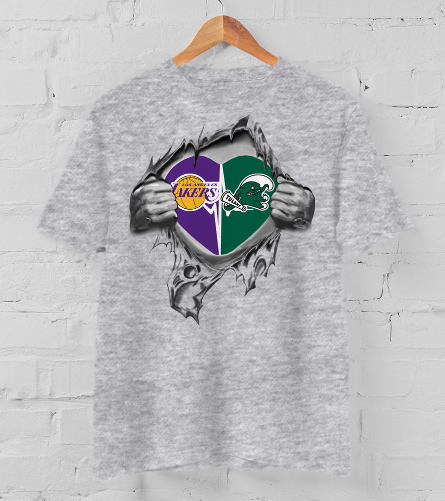 Los Angeles Lakers Tulane Green Wave Heart Logo Print T-Shirt