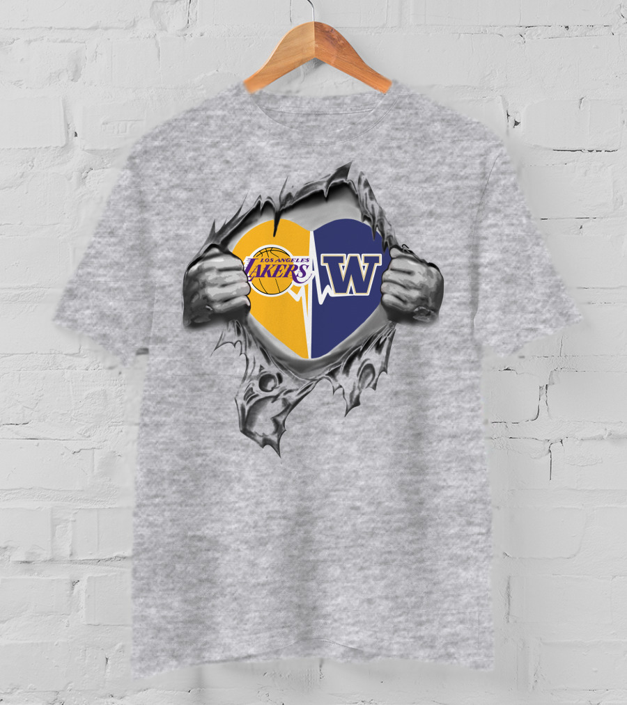 Lakers Washington Huskies Heart Design With Los Angeles Lakers Logo And Washington Huskies W T-Shirt