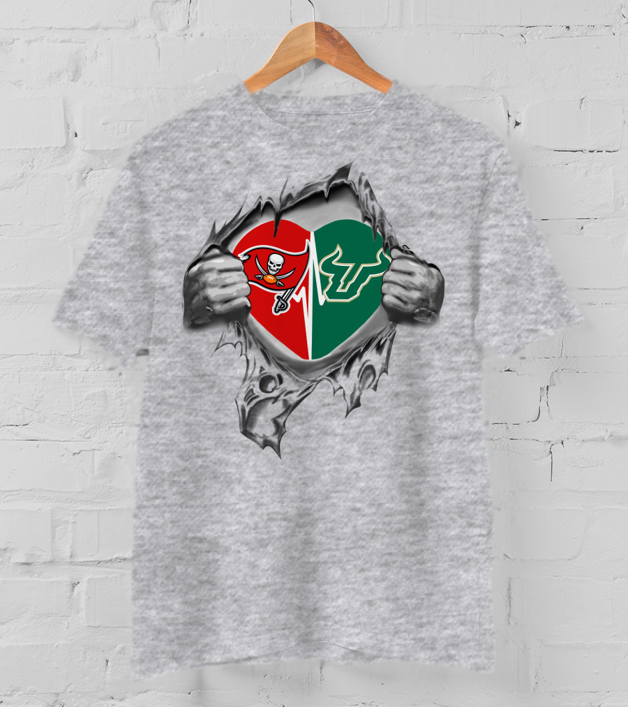 Buccaneers South Florida Bulls Heart Split Logo Tribute T-Shirt