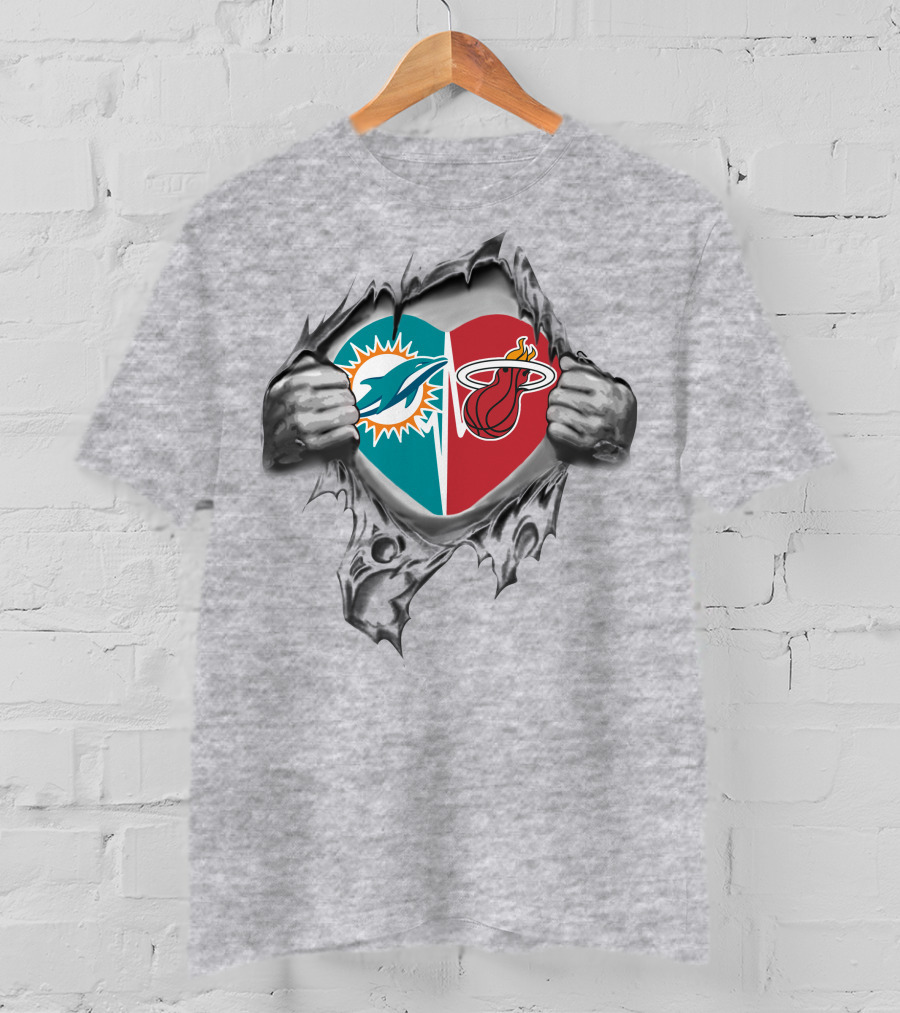 Miami Dolphins And Heat Heart Torn Open T-Shirt
