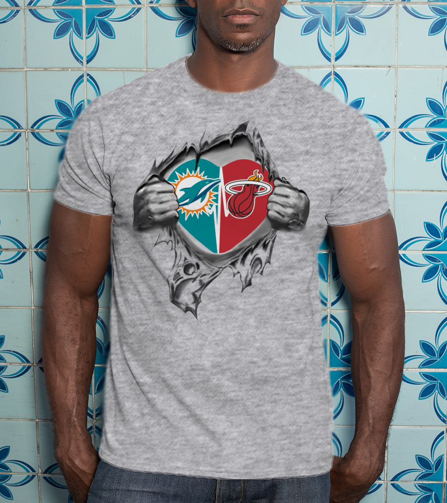 Miami Dolphins And Heat Heart Torn Open T-Shirt
