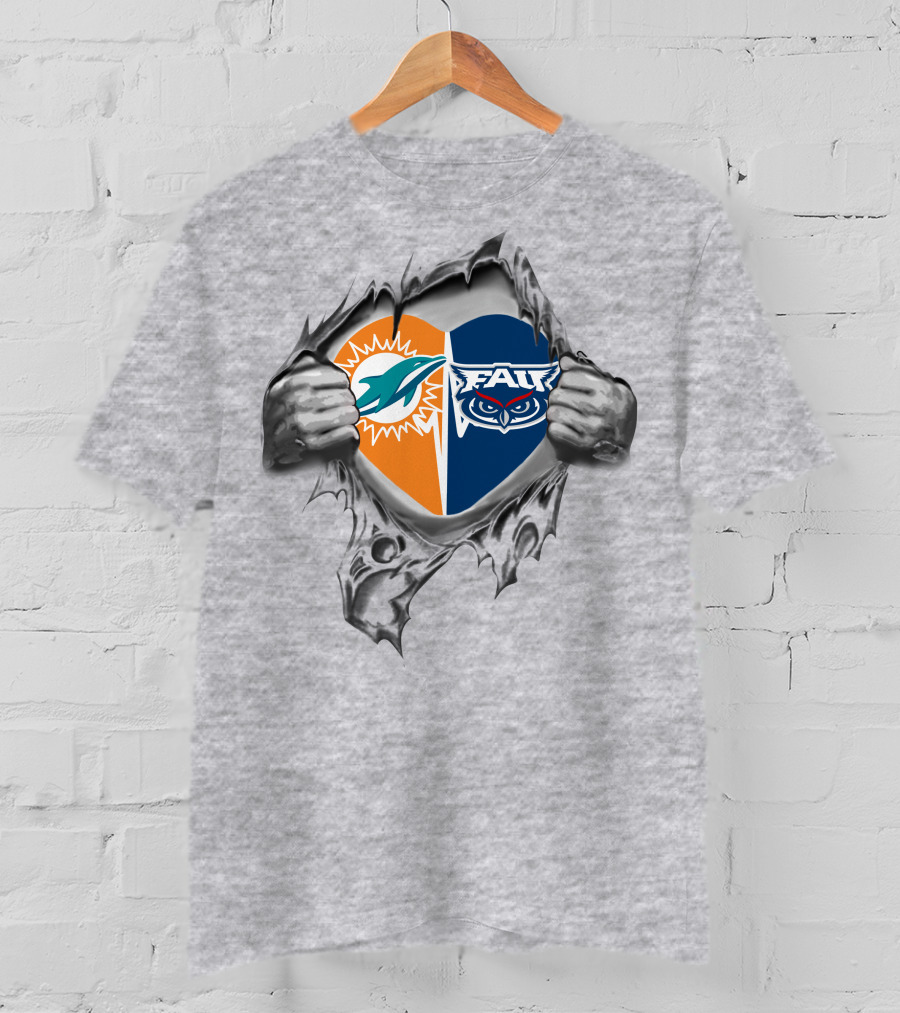 Miami Dolphins Florida Atlantic Owls Heart Split Fan Pride T-Shirt