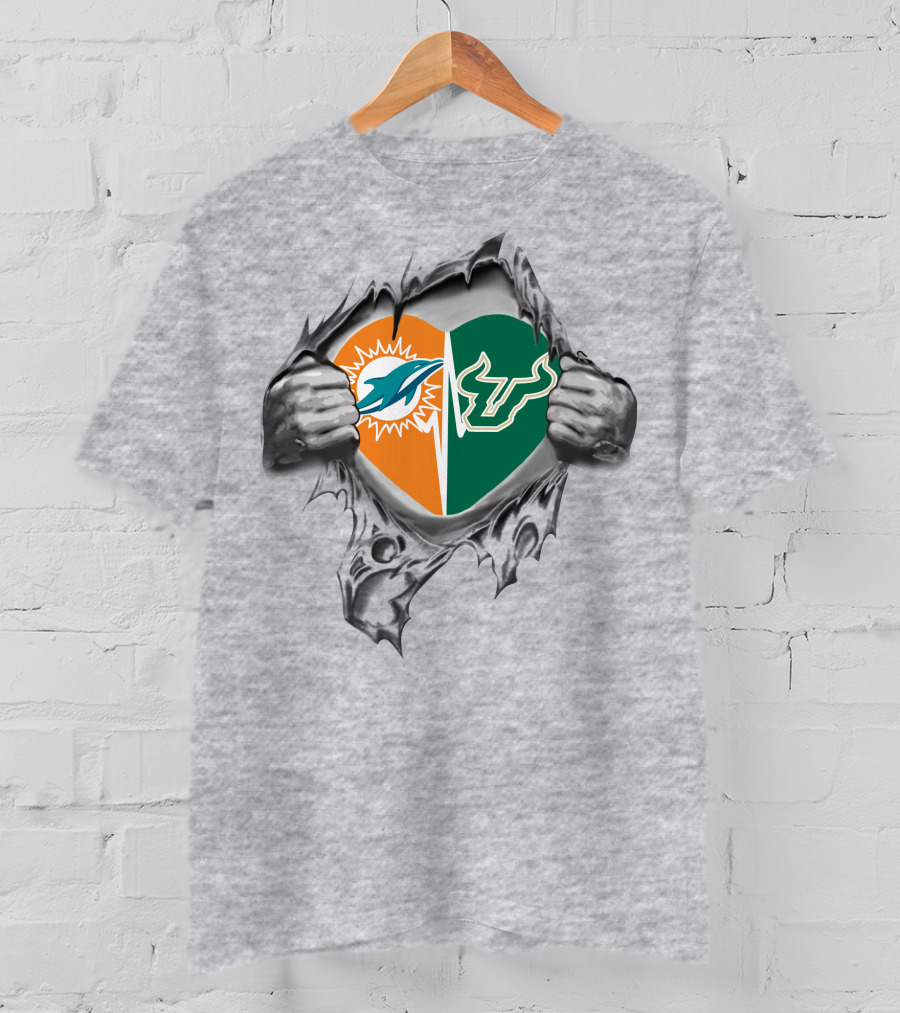 Miami Dolphins And South Florida Bulls Heart T-Shirt