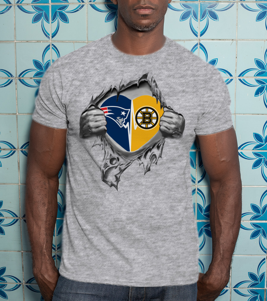 Patriots Bruins It's In My Heart Split Logo Heart T-Shirt