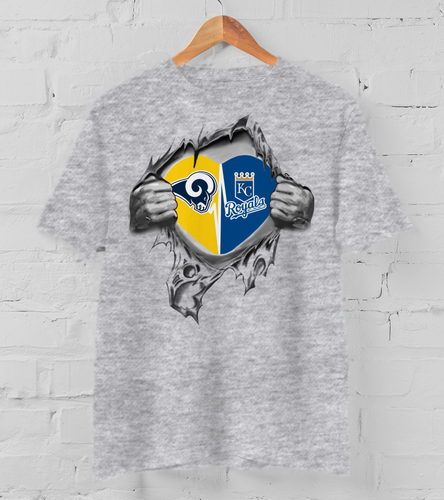 Kansas City Royals And Rams Heart Design With Ripping Hands T-Shirt