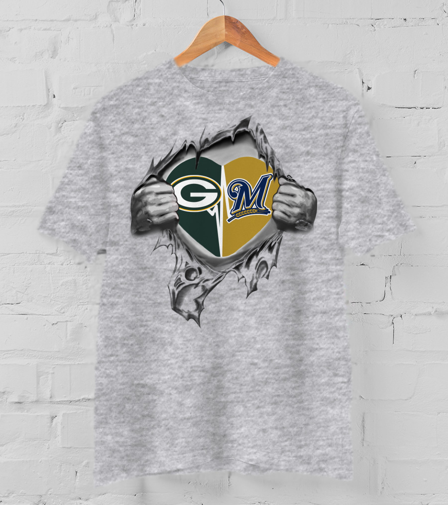 Green Bay Packers Milwaukee Brewers Heart Loyalty Burst T-Shirt