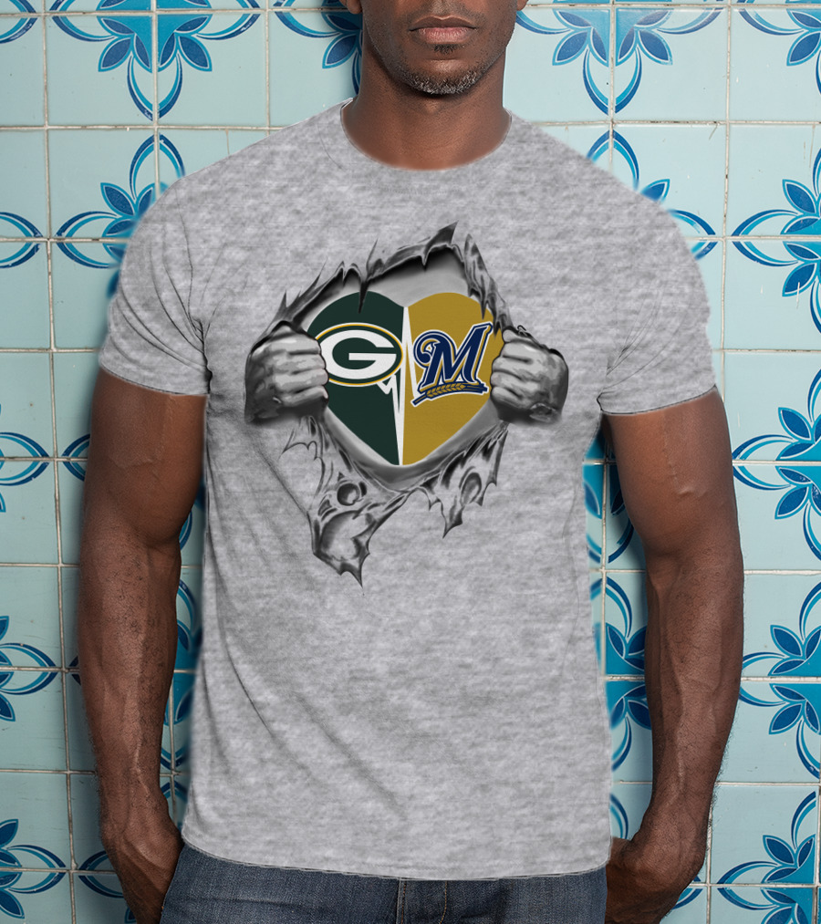 Green Bay Packers Milwaukee Brewers Heart Loyalty Burst T-Shirt