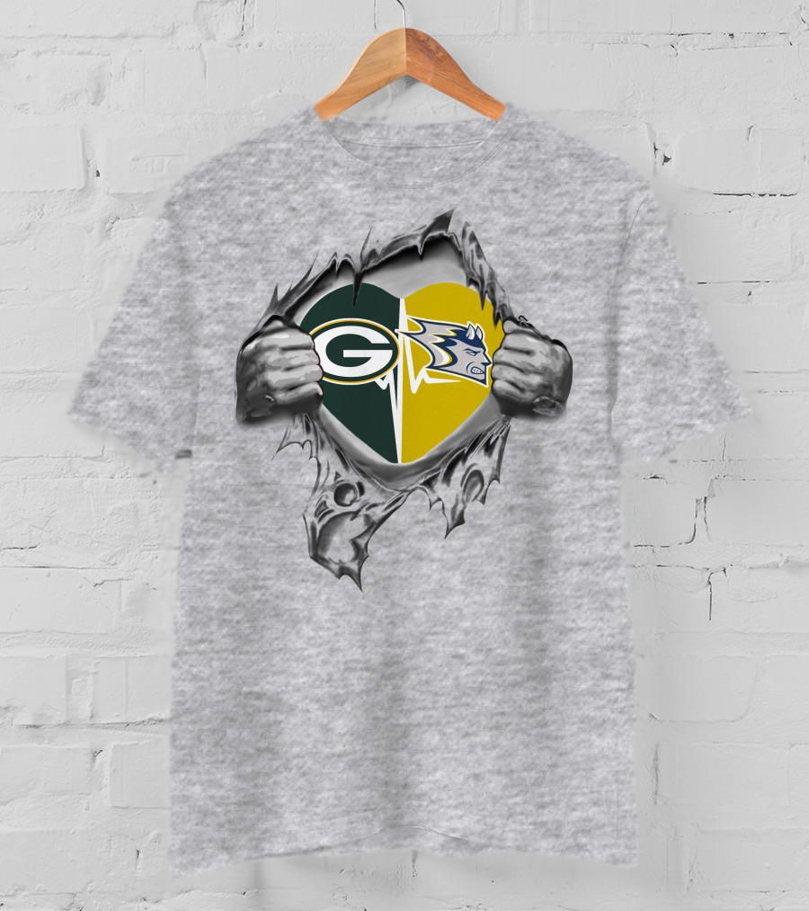 Packers Stout Blue Devils Heart With Green Bay And Duke Logos T-Shirt