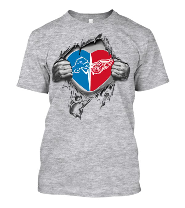 Detroit Lions Red Wings Heart Logo Ripped T-Shirt