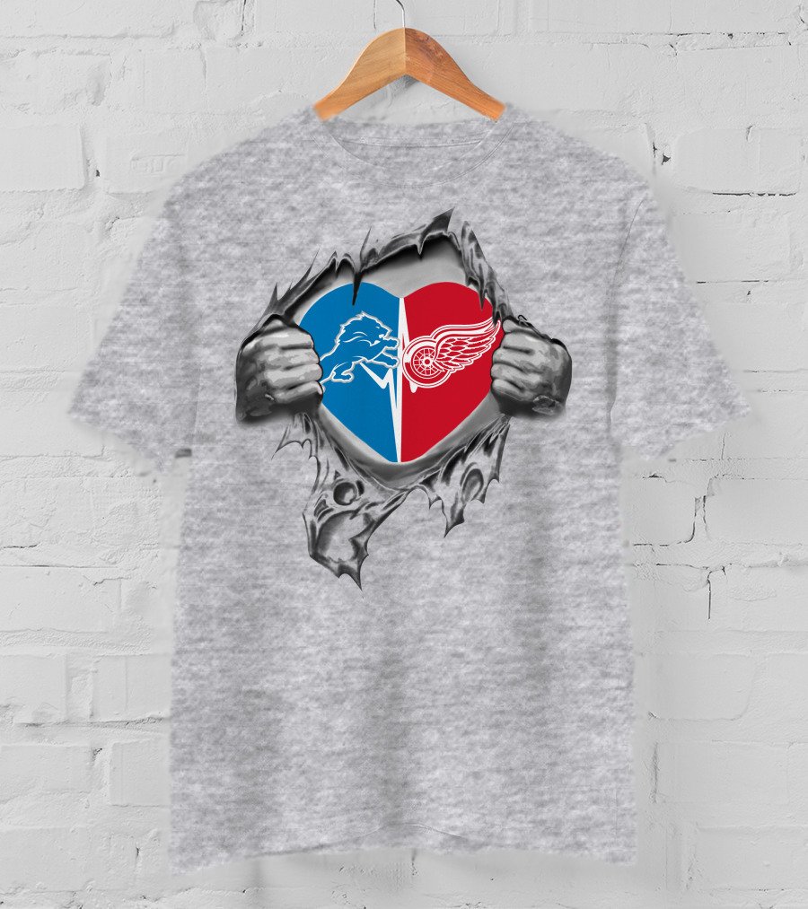 Detroit Lions Red Wings Heart Logo Ripped T-Shirt
