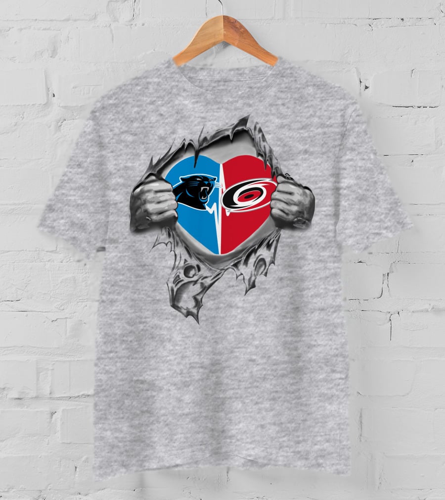 Carolina Panthers Carolina Hurricanes Heart Torn Open T-Shirt
