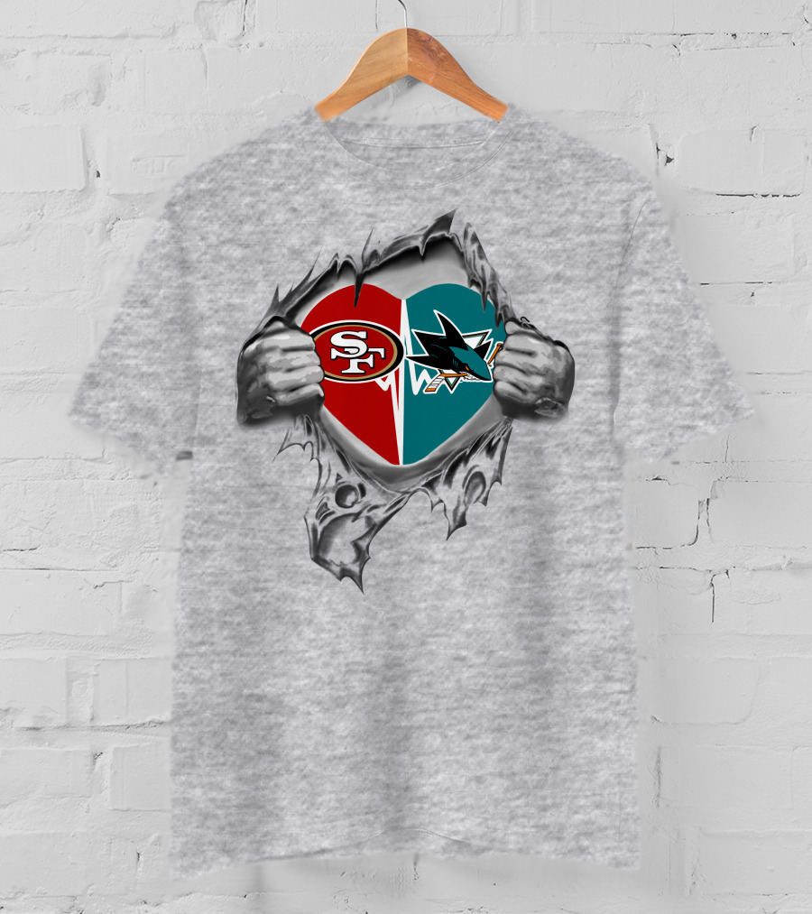 49ers San Jose Sharks Heart Logo Torn Fabric T-Shirt