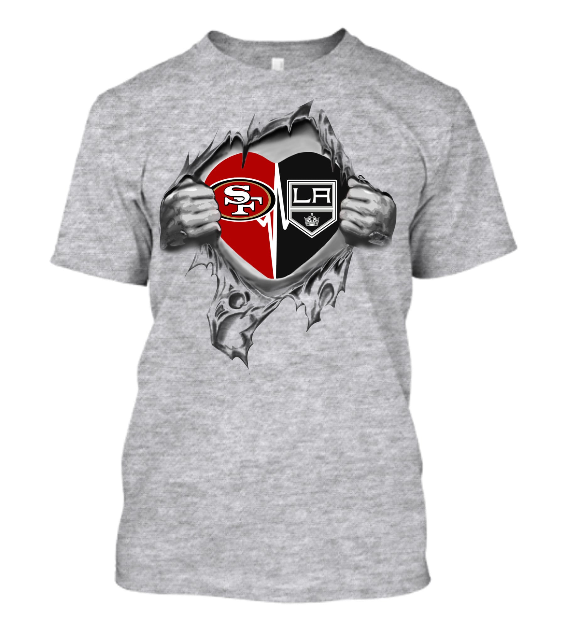 49ers La Kings Heart Design Torn Hands T-Shirt