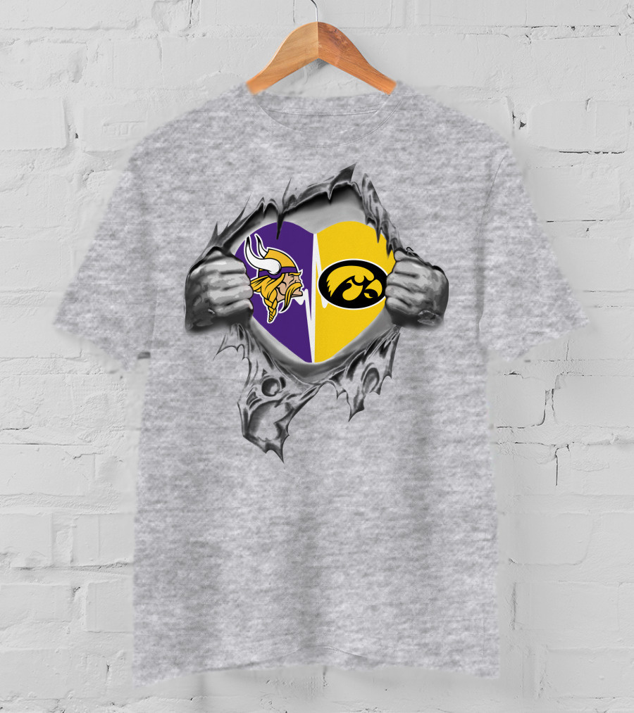 Vikings And Iowa Hawkeyes Heart Torn Open T-Shirt