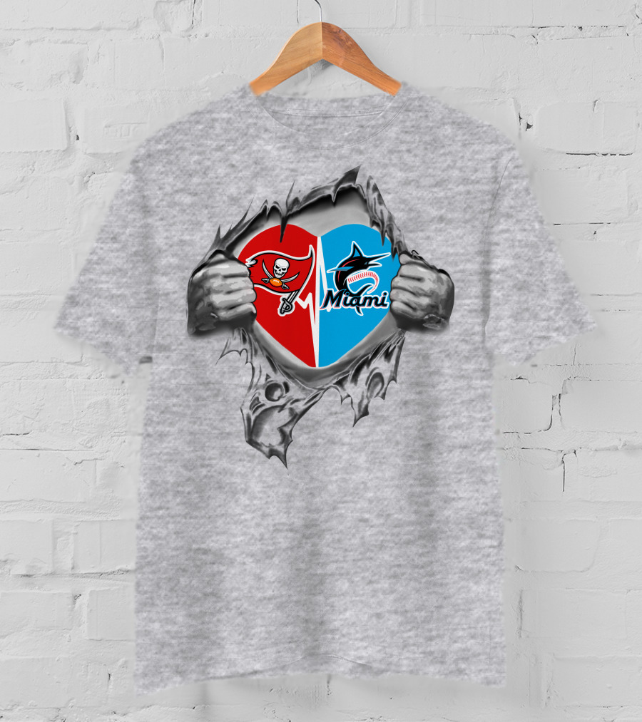 Ripped Heart Featuring Buccaneers And Marlins Logos T-Shirt