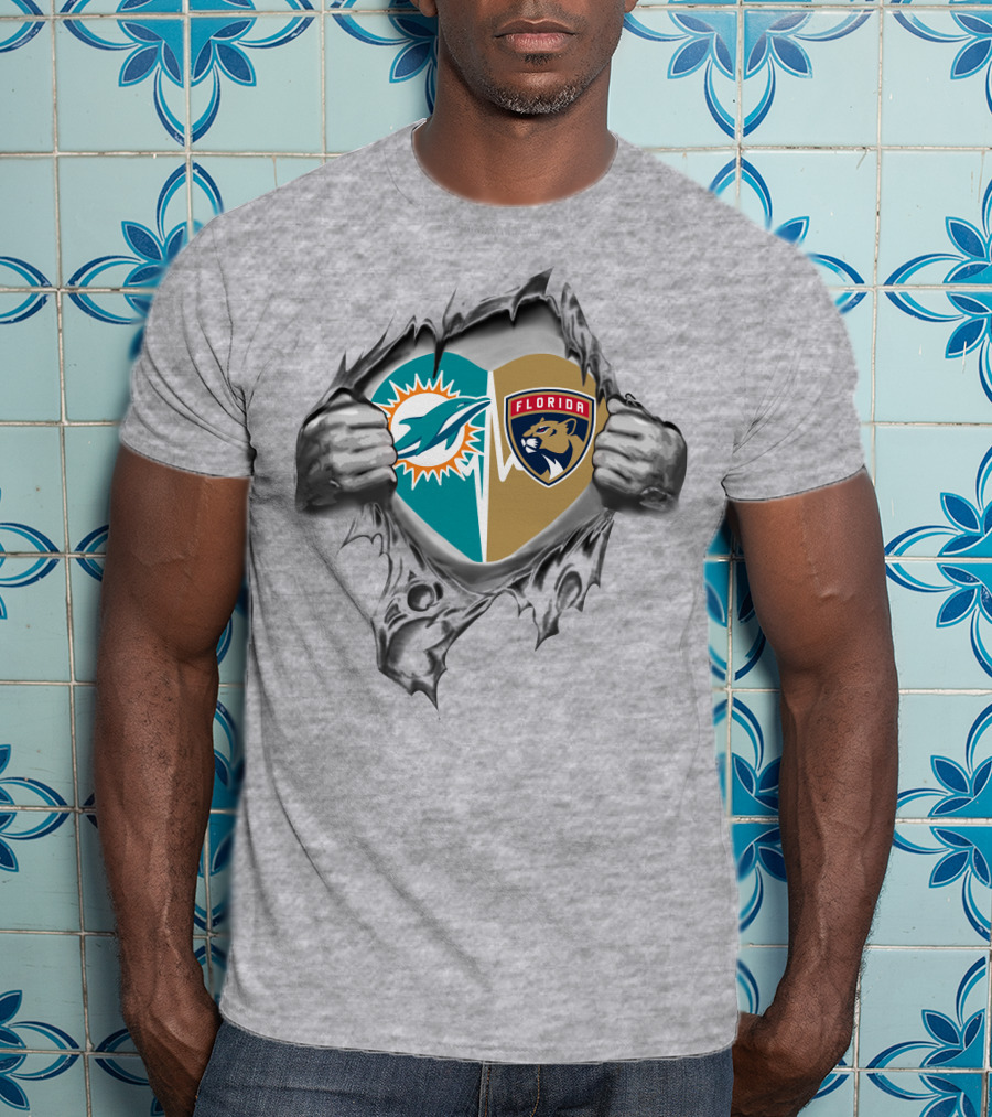 Miami Dolphins Florida Panthers Heart Design 27 Fan Tribute T-Shirt