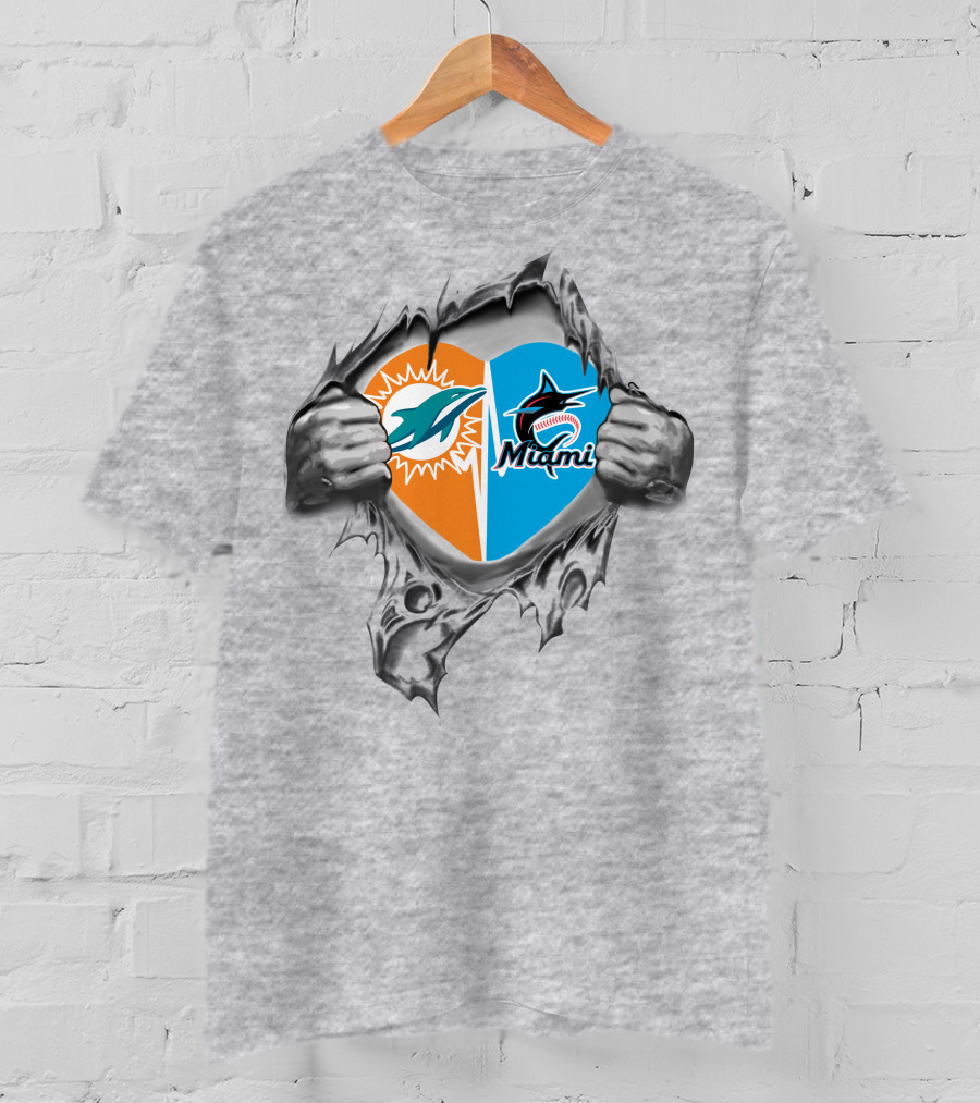 Miami Dolphins And Marlins Heart Design 28 Dolphins It's In My Heart T-Shirt
