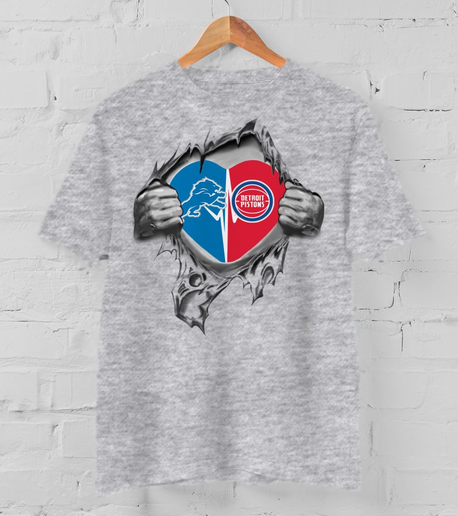 Detroit Lions And Detroit Pistons Heart Design With Hands Tearing Open T-Shirt