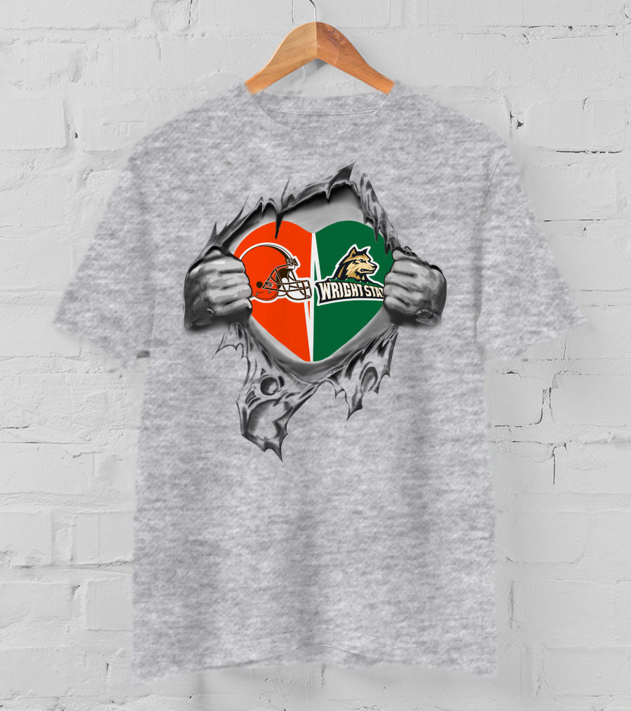 Browns Helmet And Wright State Raiders Heart T-Shirt