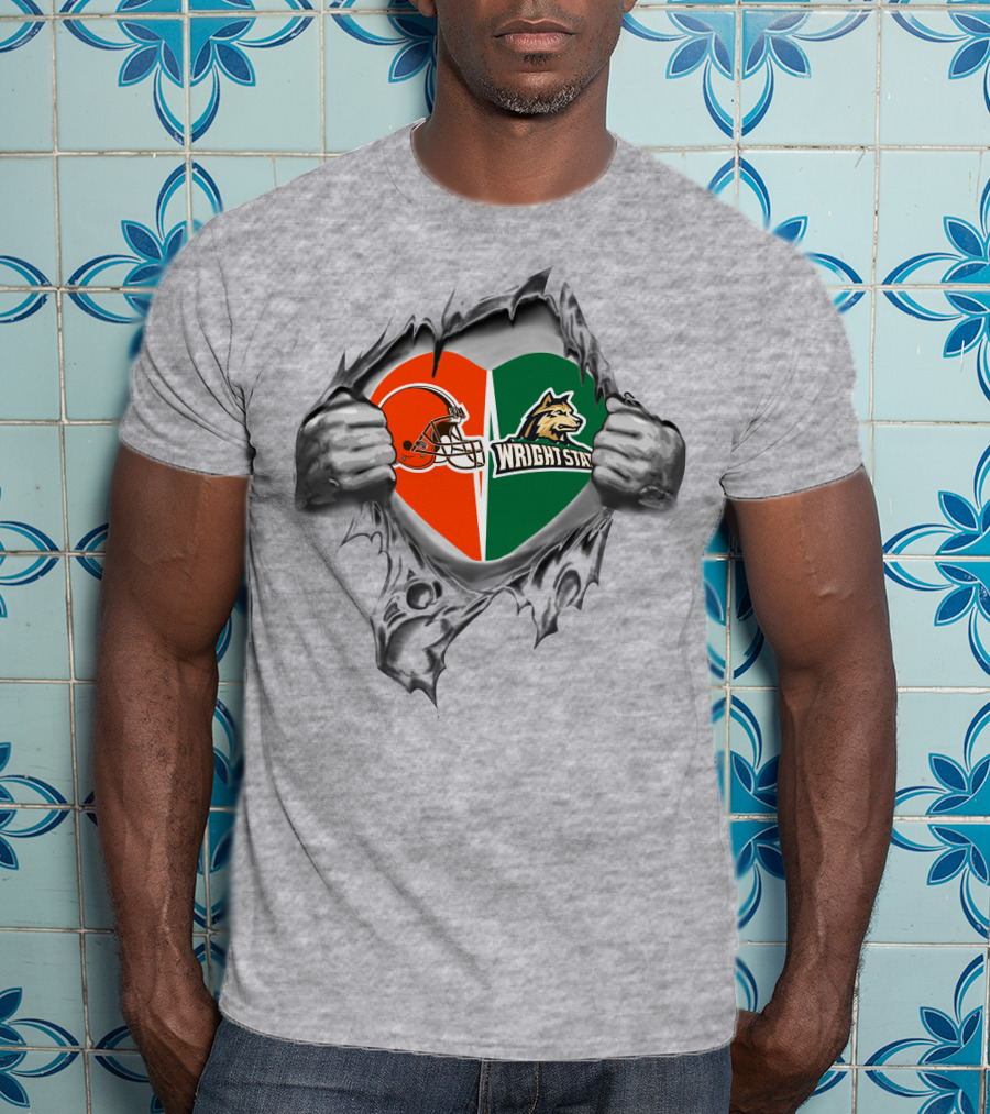 Browns Helmet And Wright State Raiders Heart T-Shirt