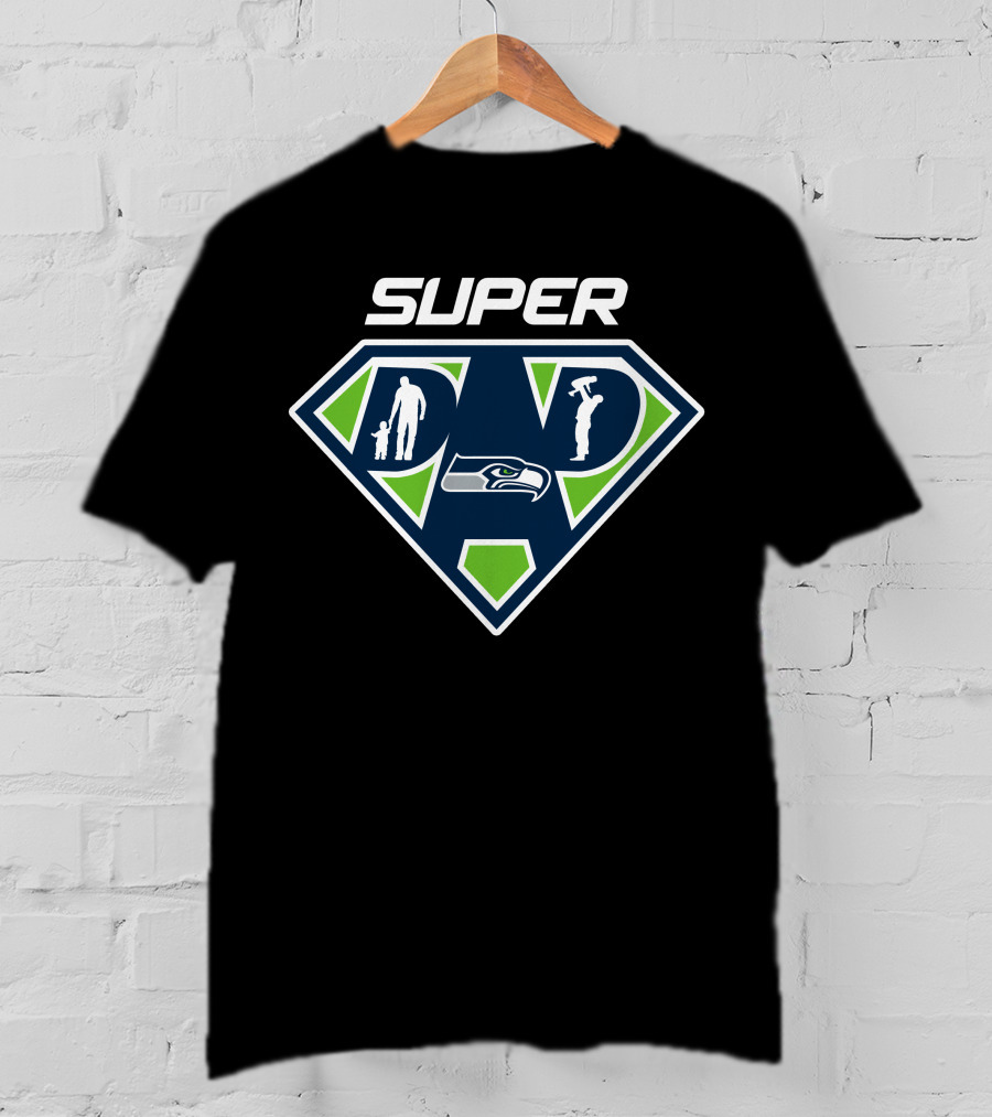 Seattle Seahawks Super Dad Hero Icon With Seahawk And Family Silhouettes T-Shirt
