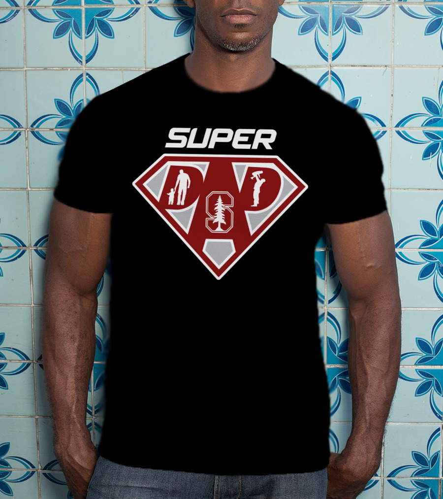 Stanford Cardinal Super Dad Hero Shield With Silhouettes And Tree T-Shirt