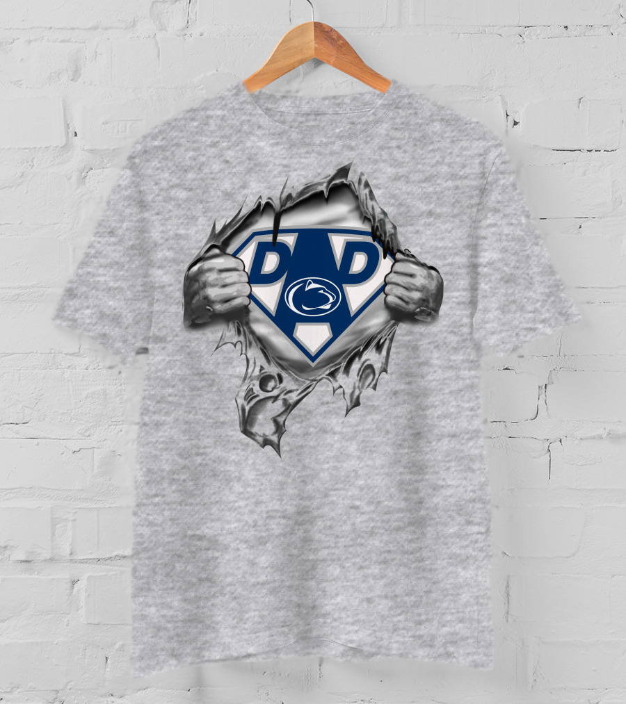 Penn State Nittany Lions Super Dad Emblem With Hands Ripping Through Gray T-Shirt