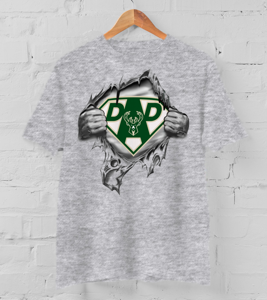 Milwaukee Bucks Super Dad Emblem With Ripped Superhero Suit And Deer T-Shirt