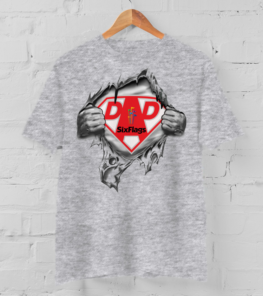 Six Flags Super Dad Emblem With Hands Peeling Away Grey Covering T-Shirt