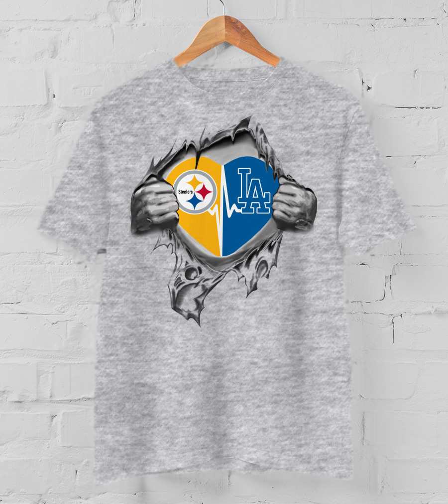 Steelers Dodgers Heartbeat Love Fans In My Heart T-Shirt
