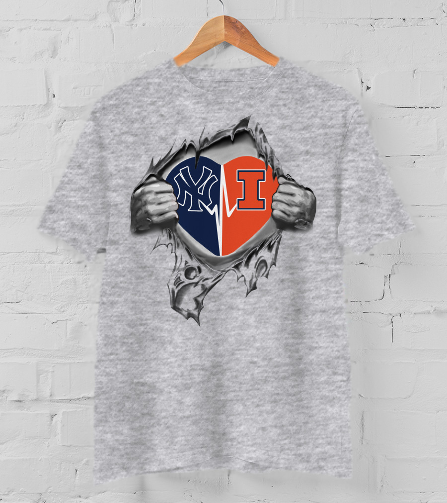 Yankees Illini Heart Graphic With 39 Yankees And Illinois Logos T-Shirt