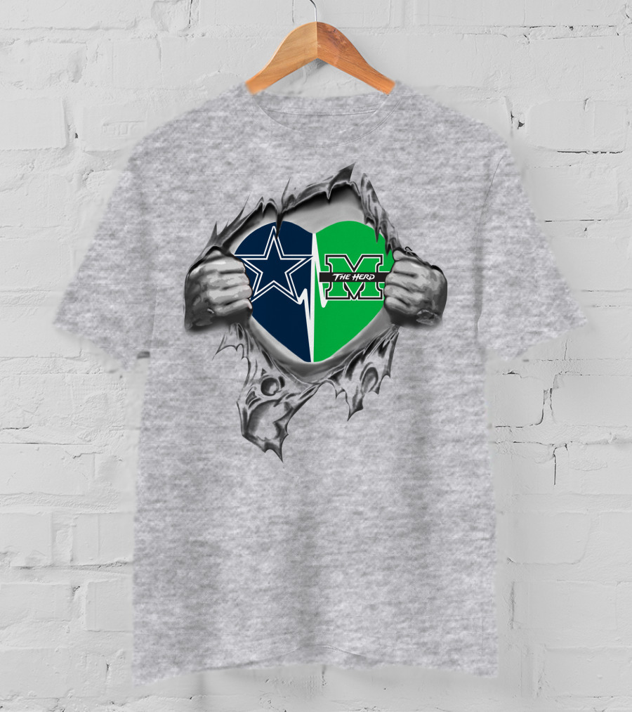 Cowboys Marshall Thundering Herd Heart Design With Star And The Herd Logos T-Shirt