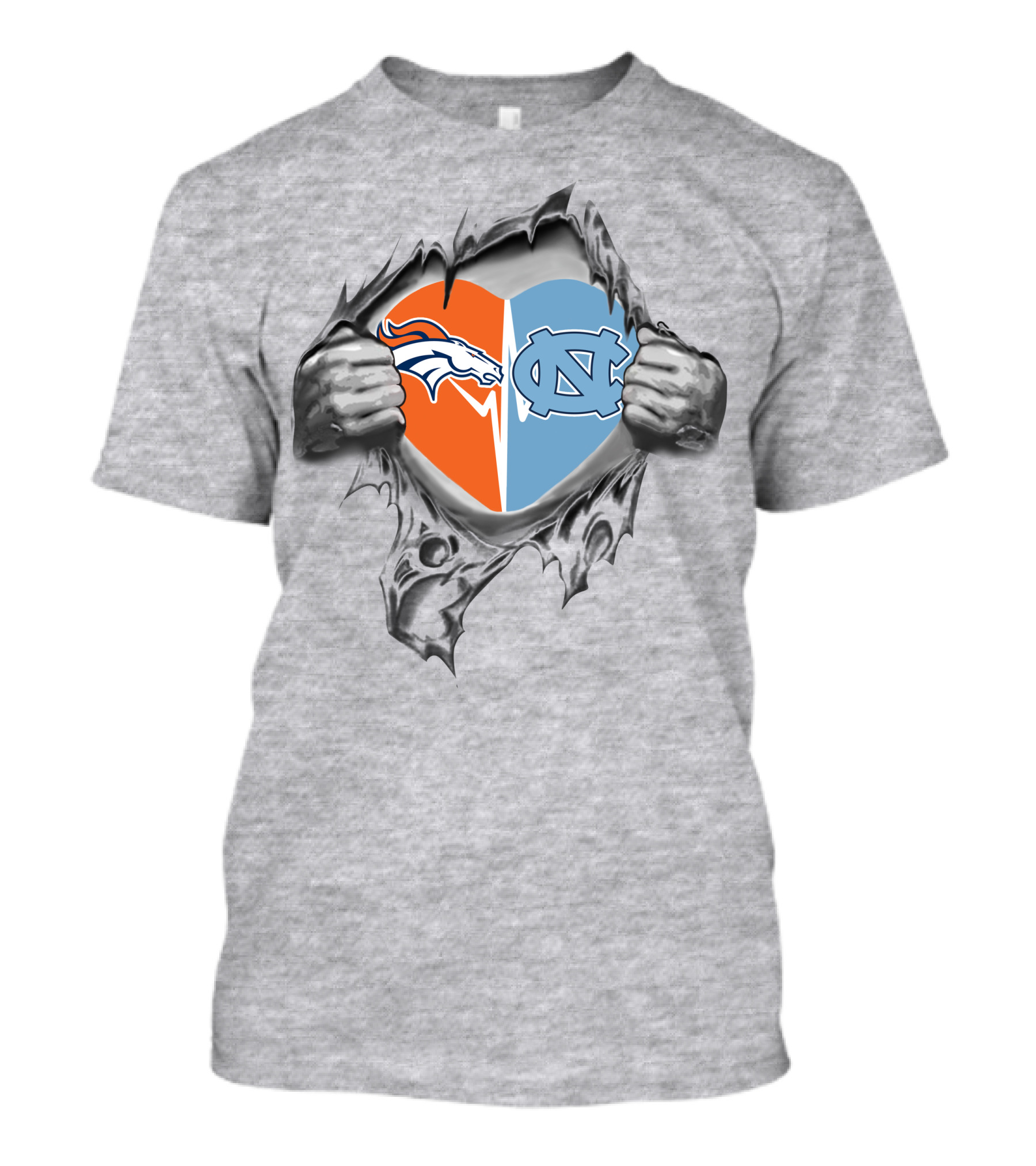 Broncos North Carolina Tar Heels Heart Cutout Logo Mashup T-Shirt