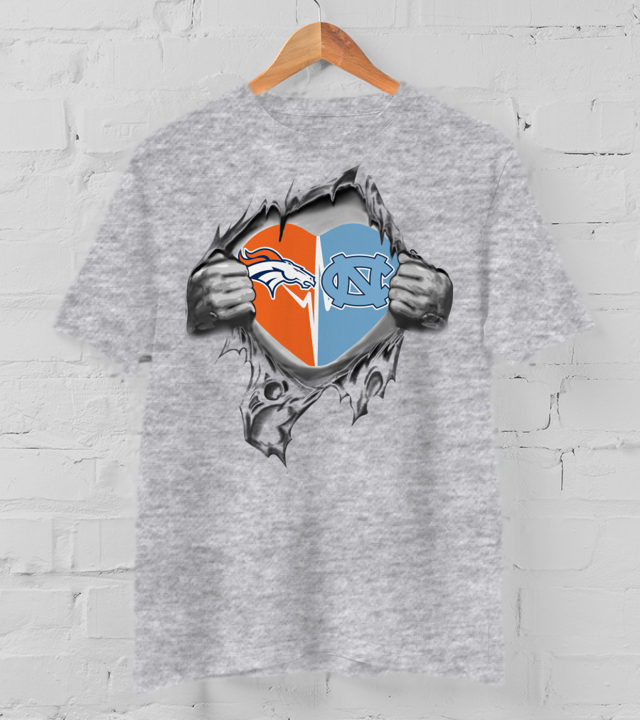 Broncos North Carolina Tar Heels Heart Cutout Logo Mashup T-Shirt