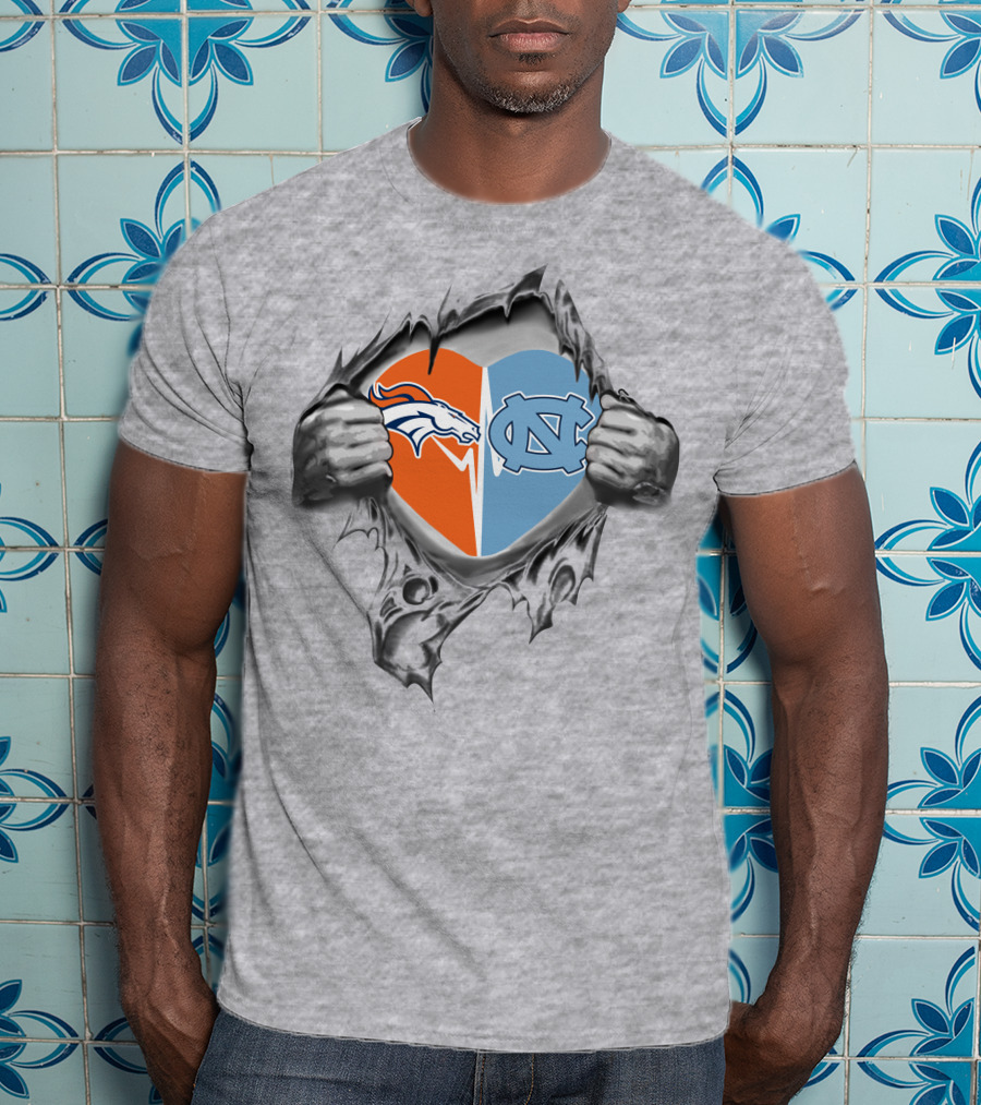 Broncos North Carolina Tar Heels Heart Cutout Logo Mashup T-Shirt