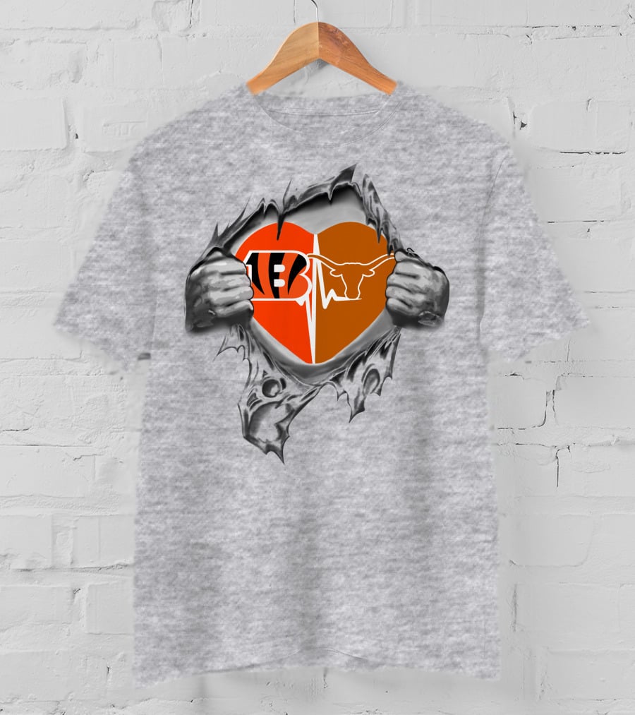 Bengals Texas Longhorns Heart Design With Logo Elements And Symbolic T-Shirt