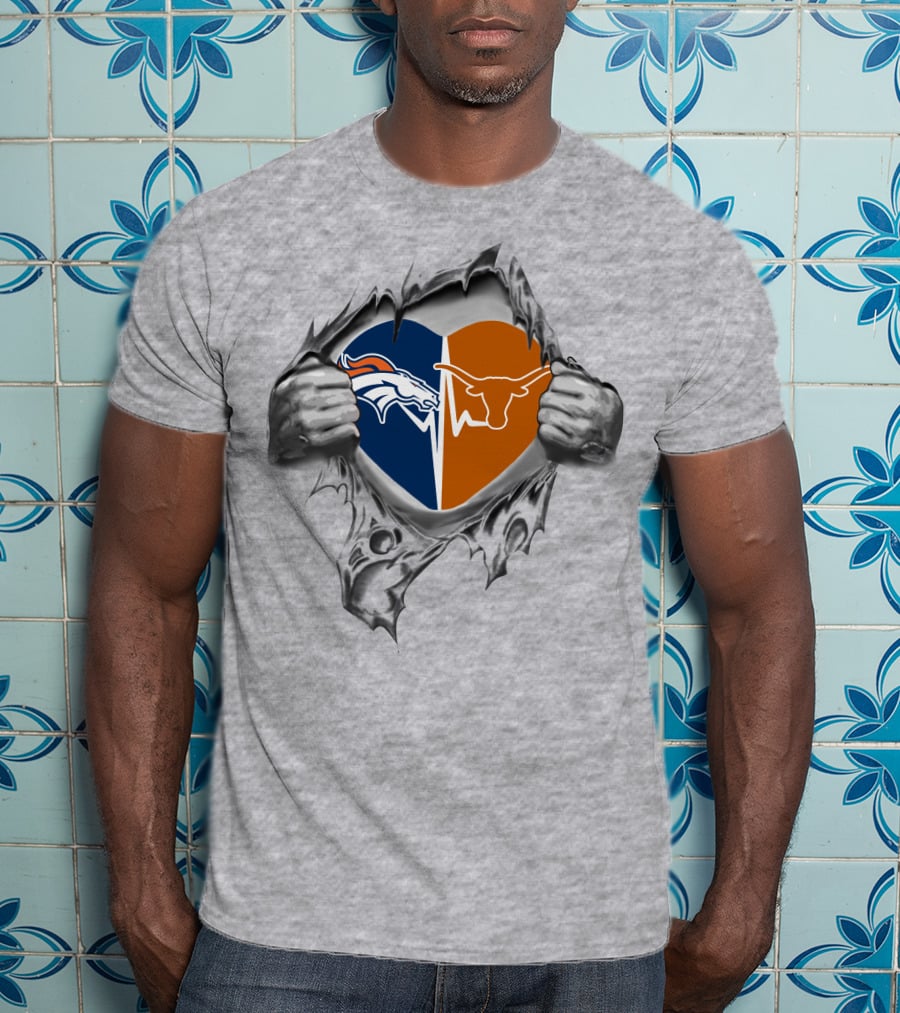 Broncos Texas Longhorns Heart Logo Fusion T-Shirt