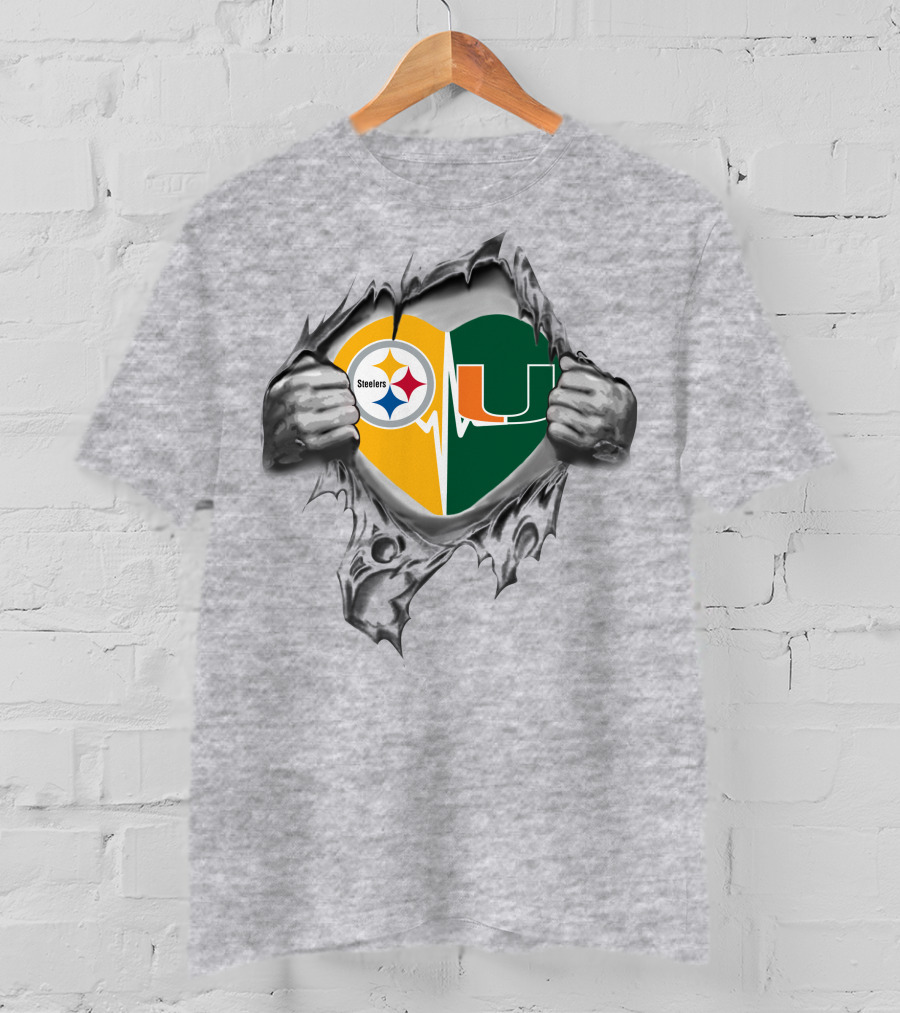 Steelers Miami Hurricanes Heart Symbol With Logos T-Shirt
