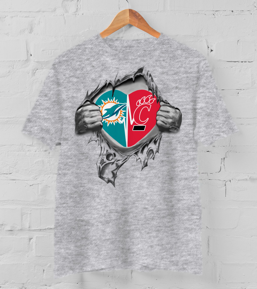 Dolphins Cincinnati Bearcats Heart Torn Hands Football Fan Spirit T-Shirt