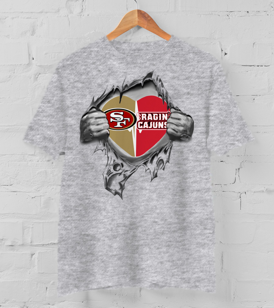 49ers Ragin' Cajuns Heart Dual Loyalty Tear-Out T-Shirt