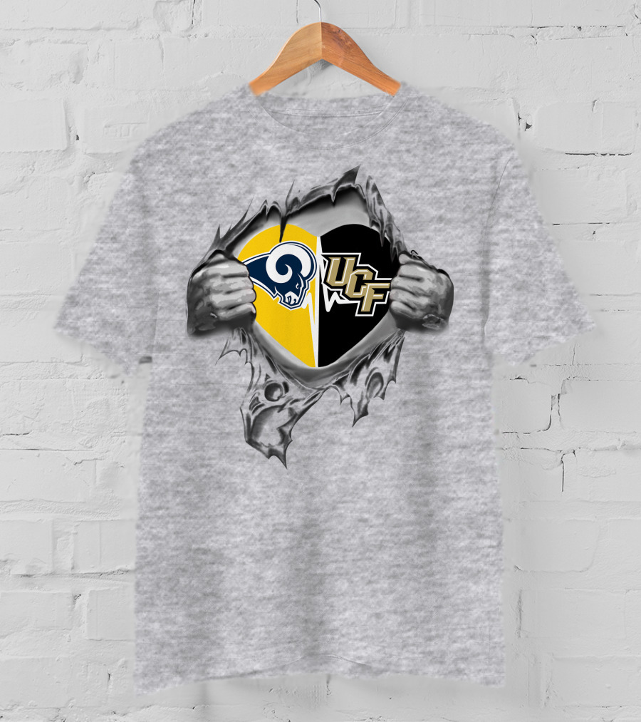 Rams Ucf Knights Heart Design With Mascots In Gray T-Shirt