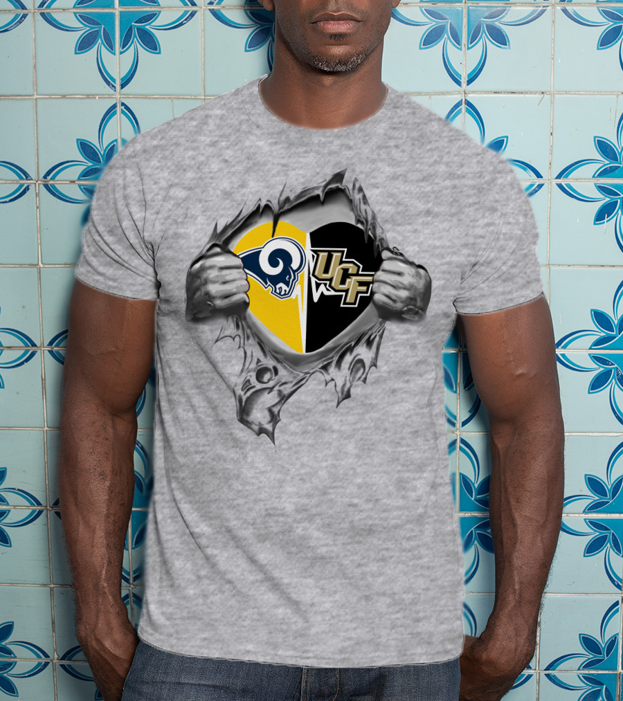 Rams Ucf Knights Heart Design With Mascots In Gray T-Shirt