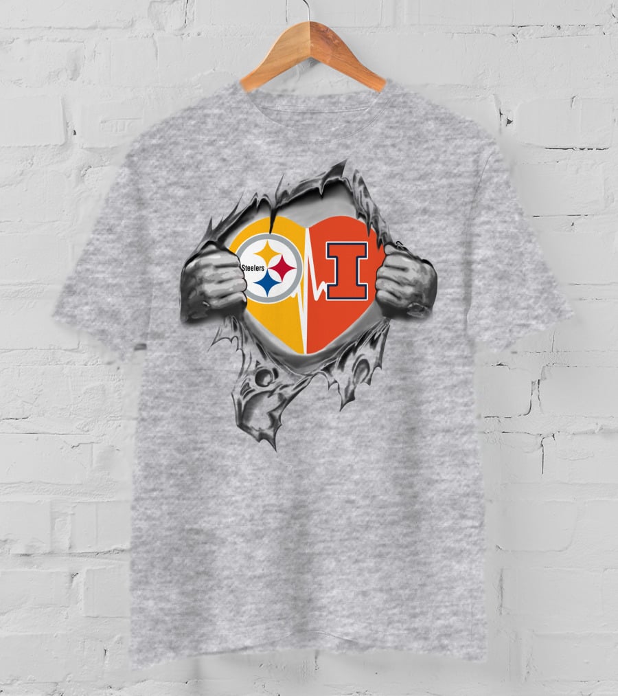 Steelers Illinois Fighting Illini Heart Logo Tearing T-Shirt