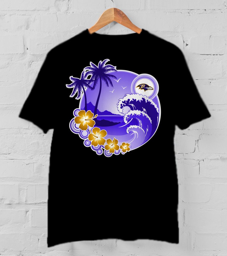 Baltimore Ravens Happy Holidays Tropical Paradise With Wave And Flowers T-Shirt