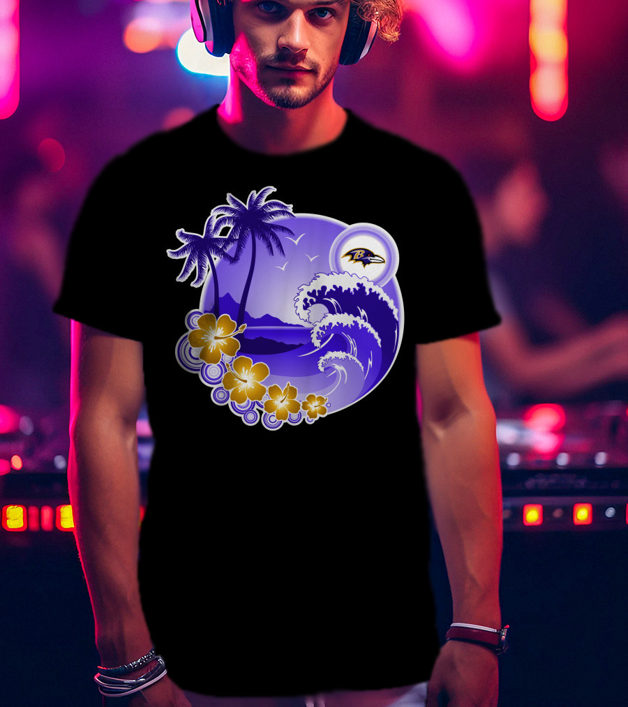 Baltimore Ravens Happy Holidays Tropical Paradise With Wave And Flowers T-Shirt