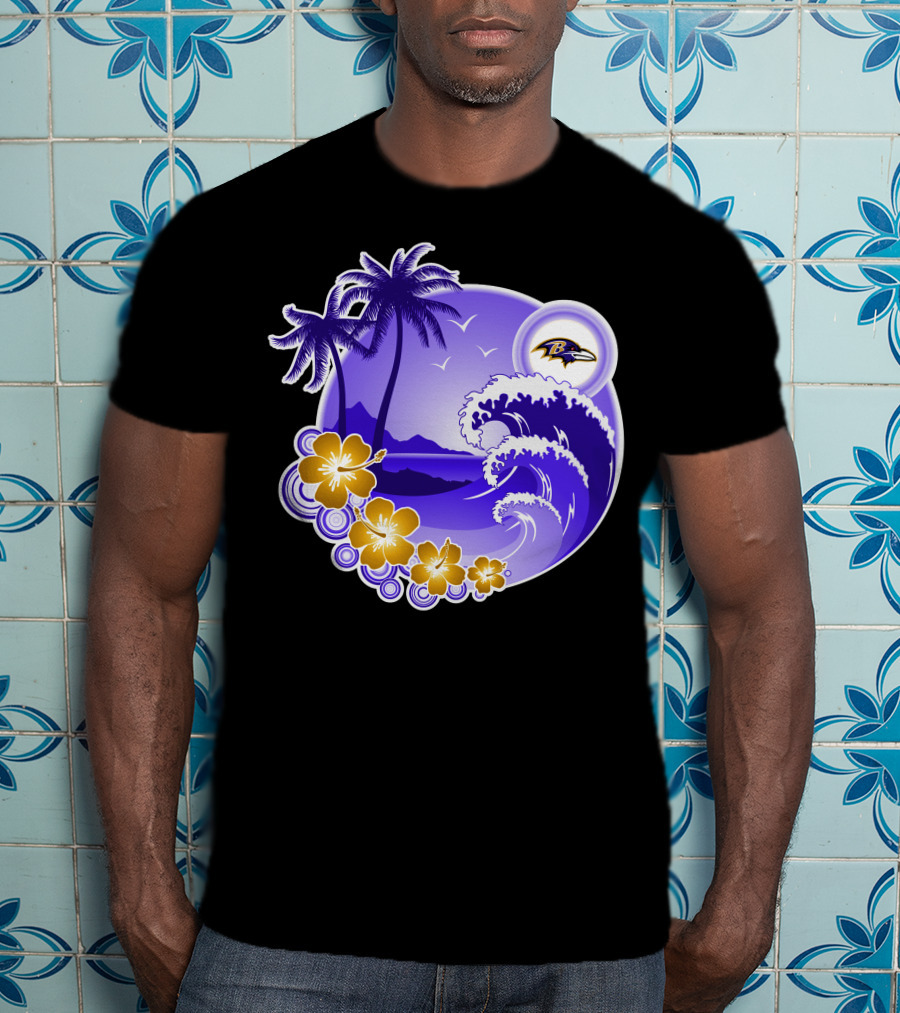 Baltimore Ravens Happy Holidays Tropical Paradise With Wave And Flowers T-Shirt